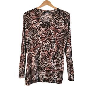 The Kooples Silk Zebra Print Long Sleeve Round Neck Sweater Brown Animal Print